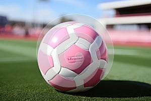 Pink soccer ball for women\'s soccer on the stadium field. Banner for match, sporting goods