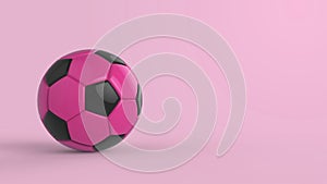 Pink soccer plastic leather metal fabric ball isolated on black background. Football 3d render illlustration