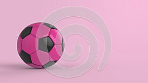 Pink soccer plastic leather metal fabric ball isolated on black background. Football 3d render illlustration photo