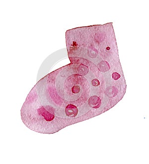 Pink sock. Hand drawn watercolor illustration isolated on white background