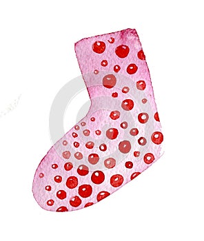 Pink sock. Hand drawn watercolor illustration isolated on white background