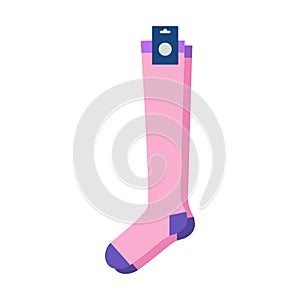 Pink socks with logo tag hosiery mid calf length. Fashion accessory clothing technical illustration stocking. Vector