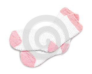 Pink Socks on white background. Winter sock made from soft fabric.