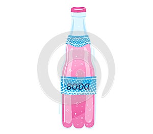 Pink soda bottle with bubbles and blue label. Refreshing carbonated soft drink concept. Vector illustration.