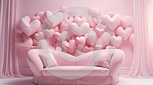 Pink sofa against pink wall with pink fabric hearts, Valentine\'s Day, free space for text