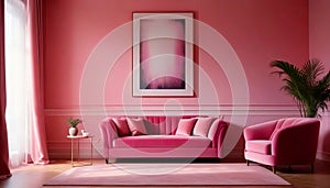 Pink sofa and armchairs against window near pink stucco wall with art poster frame. Art Deco interior design of modern living room