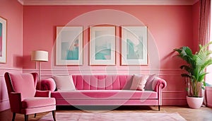 Pink sofa and armchairs against window near pink stucco wall with art poster frame. Art Deco interior design of modern living room