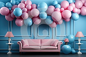 Pink sofa in blue living room with pink and blue balloons. Baby gender reveal concept. Boy or girl