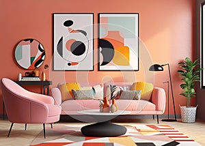 Pink sofa and chair near wall with two art poster mock up frames. Postmodern memphis style interior design of modern living room.