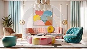 Pink sofa and colorful barrel chairs near multicolor round coffee table. Pop art playful interior design of modern living room.