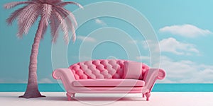 Pink sofa with cushion against blue sky with palm tree. Place to relax next to the water. Summer vacation card desigh, copy space