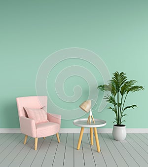Pink sofa in green living room, 3D rendering