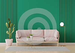 Pink sofa in green living room with free space, 3D rendering