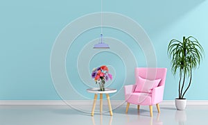 Pink sofa in light blue living room, 3D rendering