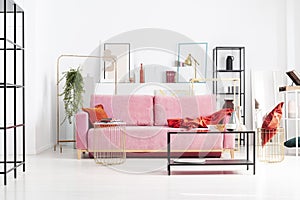 Pink sofa in the middle of bright living room designed with geometrical precision in modern apartment