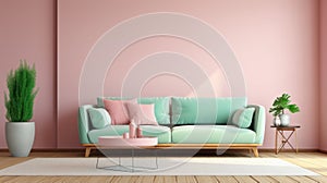 Pink sofa in modern living room. Contemporary interior design of room with mint wall and wooden coffee table