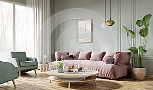 Pink sofa in modern living room. Contemporary interior design of room with mint wall and wooden coffee table. Home interior with