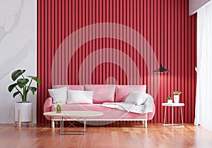 Pink sofa in red living room with copy space for mock up,3D rendering