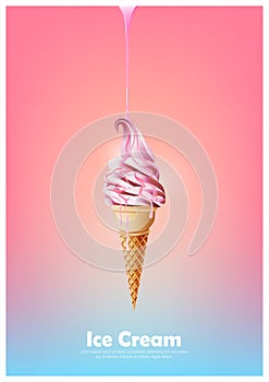 Pink soft ice cream cone, Pour melted pink syrup, strawberry milk flavor, Vector illustration