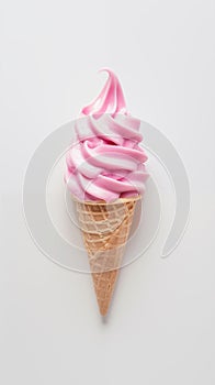 Pink soft serve ice cream in waffle cone on white background