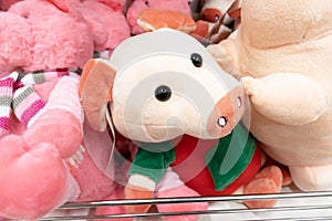 Pink soft toy pig close up in the toy store as a symbol of chinese new year