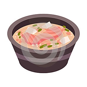 Pink soup with fish. Vector illustration on a white background.