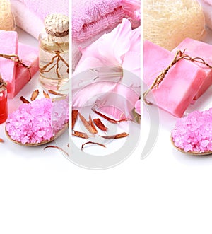 pink spa concept collage. soap and essensials spa objects