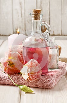 Pink spa set: liquid soap, scented candle, towel and rose sea sa