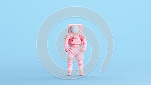 Pink Spaceman Astronaut Cosmonaut Helmet Space Spacewalk Suit Classic Retro Kitsch Blue Background Front View