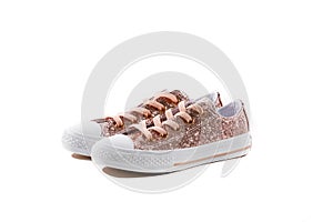 Pink Sparkle Glitter Girls Sneakers with Laces on White