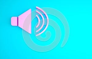 Pink Speaker volume, audio voice sound symbol, media music icon isolated on blue background. Minimalism concept. 3d