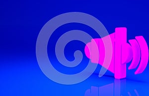 Pink Speaker volume, audio voice sound symbol, media music icon isolated on blue background. Minimalism concept. 3d