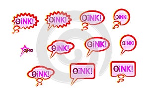 Pink speech bubble Icons set wish inscription oink. Lettering vector design elements. Cute text the voice of the pig. Funny pig ve