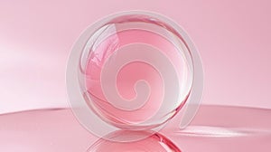 pink glass orb on reflective surface, soft light