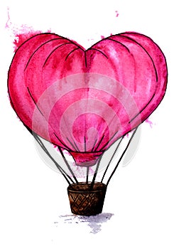 Pink Splash Heart Hot Air Balloon. Hand Drawn Illustration. Wedding Concept.