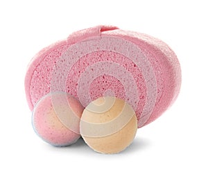 Pink sponge and bath bombs