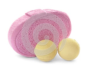 Pink sponge and bath bombs