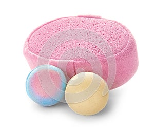 Pink sponge and bath bombs