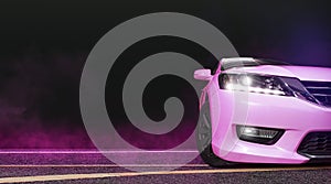 Pink sport modified car with smoke and pink neon on the asphalt road