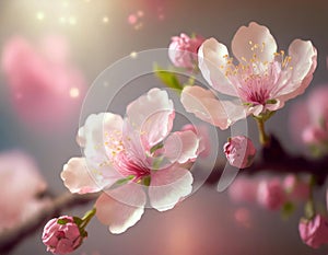 Pink spring blossoms closeup detail with defocused background