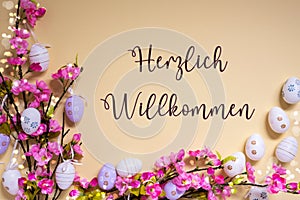 Pink Spring Flower Arrangement, Easter Decoration, Willkommen Means Welcome