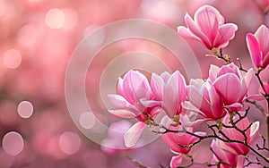 Pink spring magnolia flowers branch