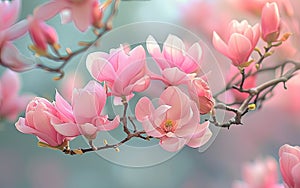 Pink spring magnolia flowers branch