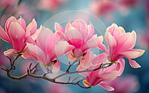 Pink spring magnolia flowers branch