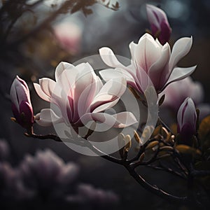 Pink spring magnolia flowers branch.. Generated by AI