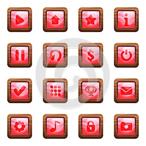 Pink square buttons in wooden frame cartoon vector set