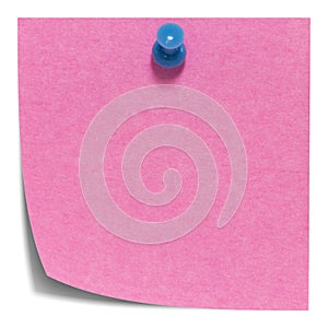 Pink square sticky note, with a blue pin, isolated