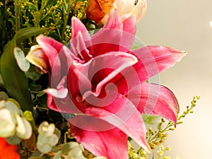 pink stargazer lily as part of a bright colorful flower arrangement