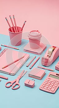 Pink Stationery Flat Lay on Blue Background