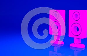 Pink Stereo speaker icon isolated on blue background. Sound system speakers. Music icon. Musical column speaker bass